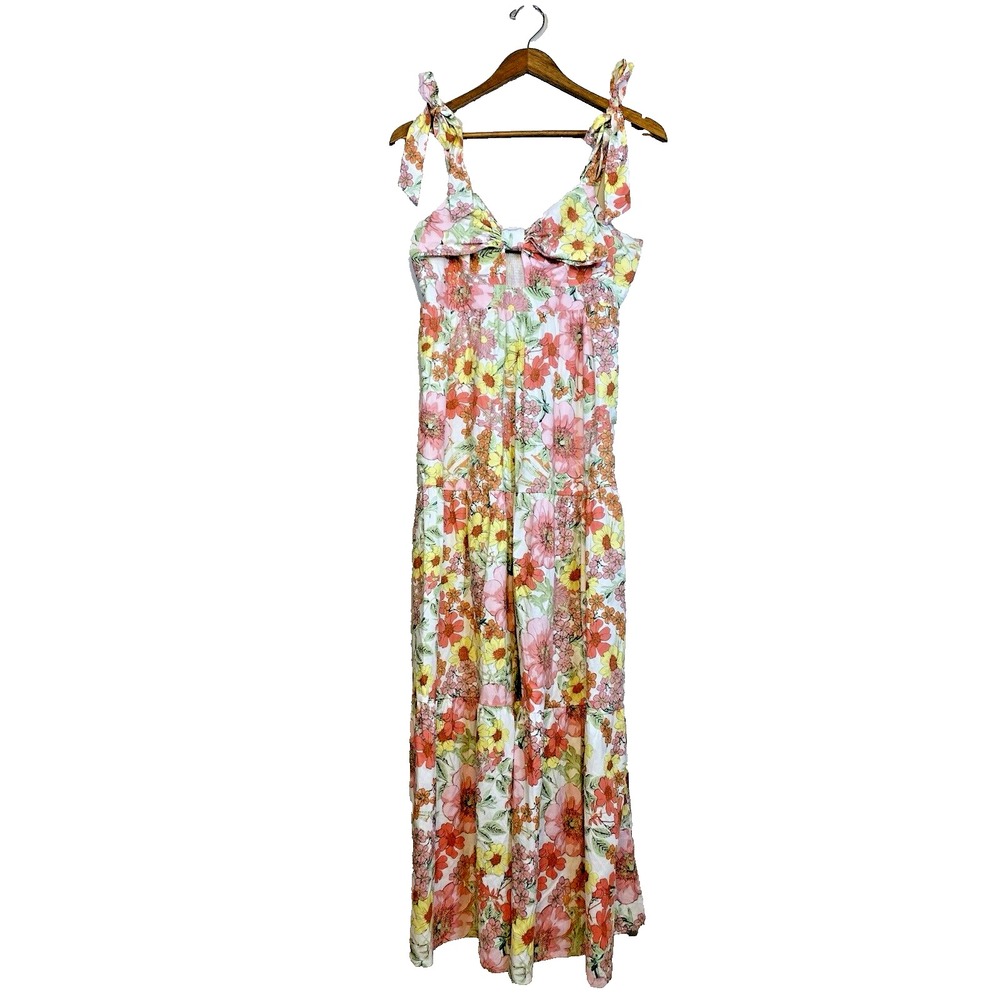 Buddy Love Dress Womens LARGE Spring Floral Tiered Maxi Tie Straps Smocked Bow